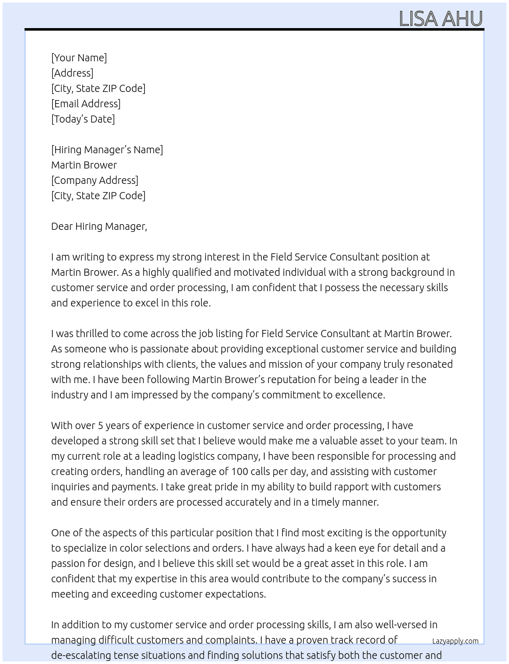Field Service Consultant At Martin Brower Cover Letter