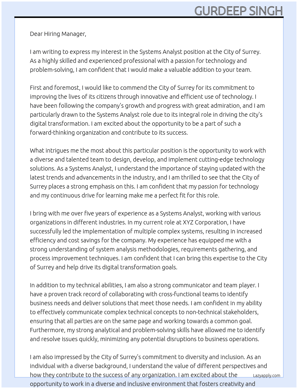 Systems Analyst At City of Surrey Cover Letter