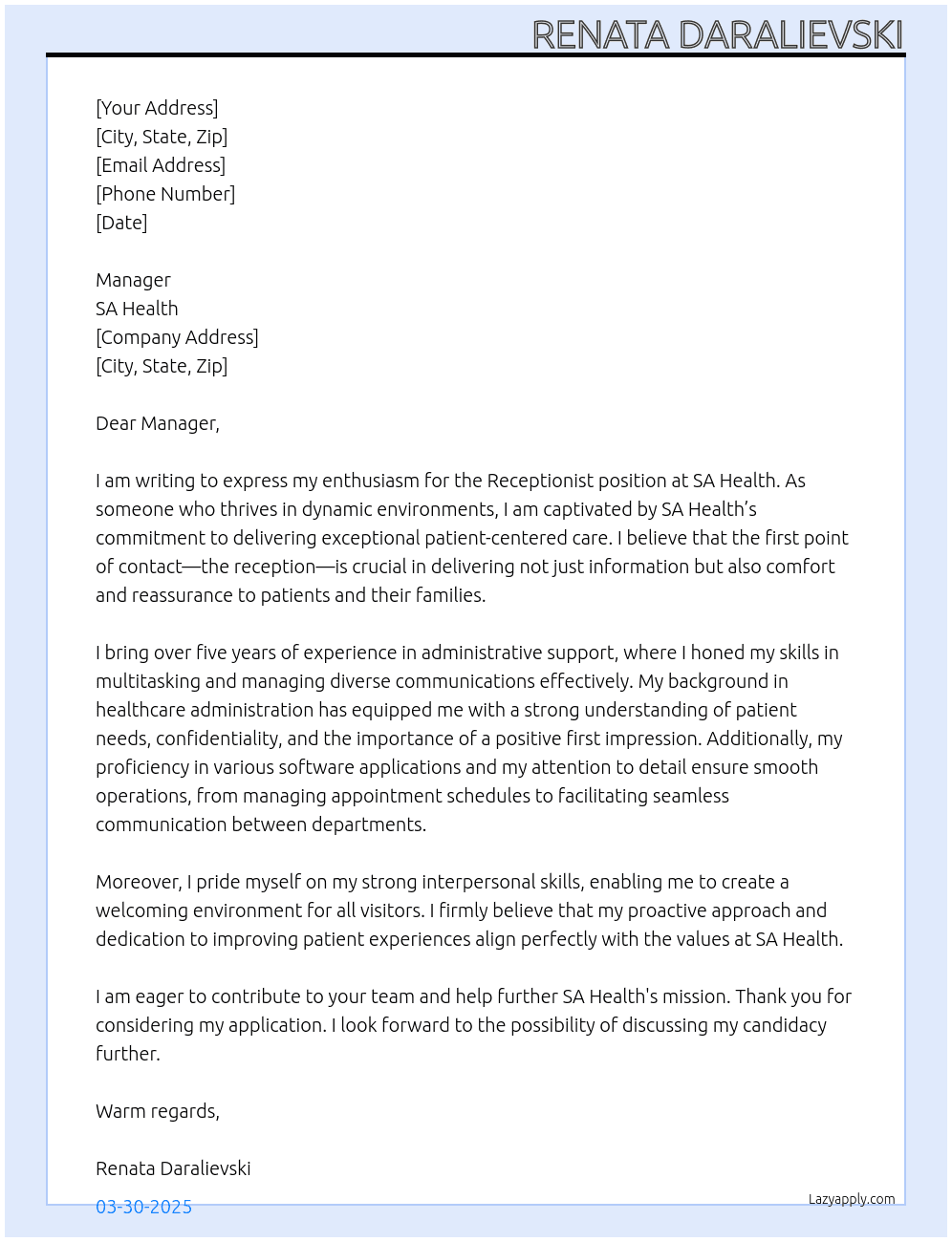 Receptionist  At SA Health  Cover Letter