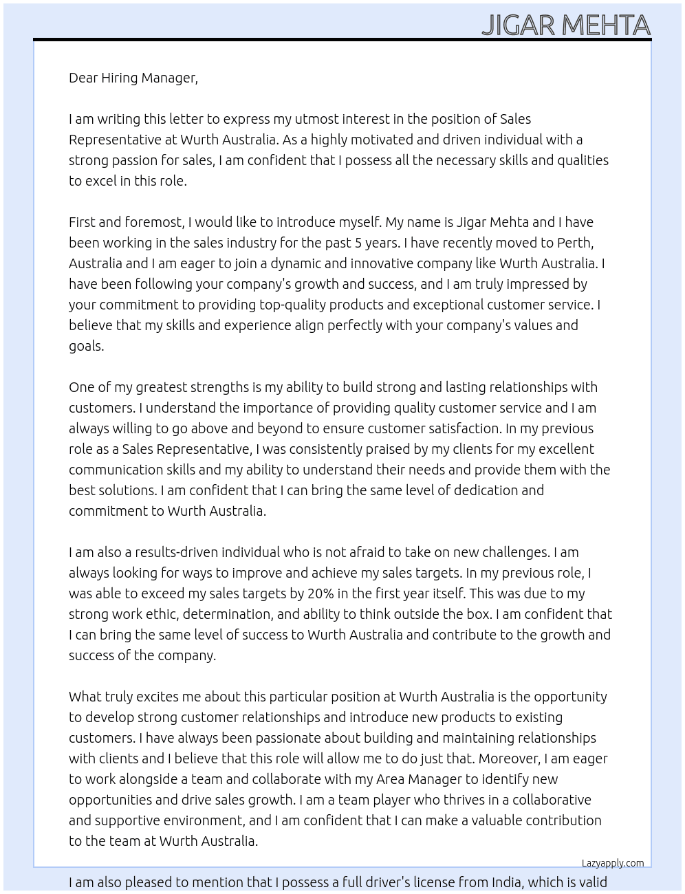 Sales Representative At Wurth Australia Cover Letter