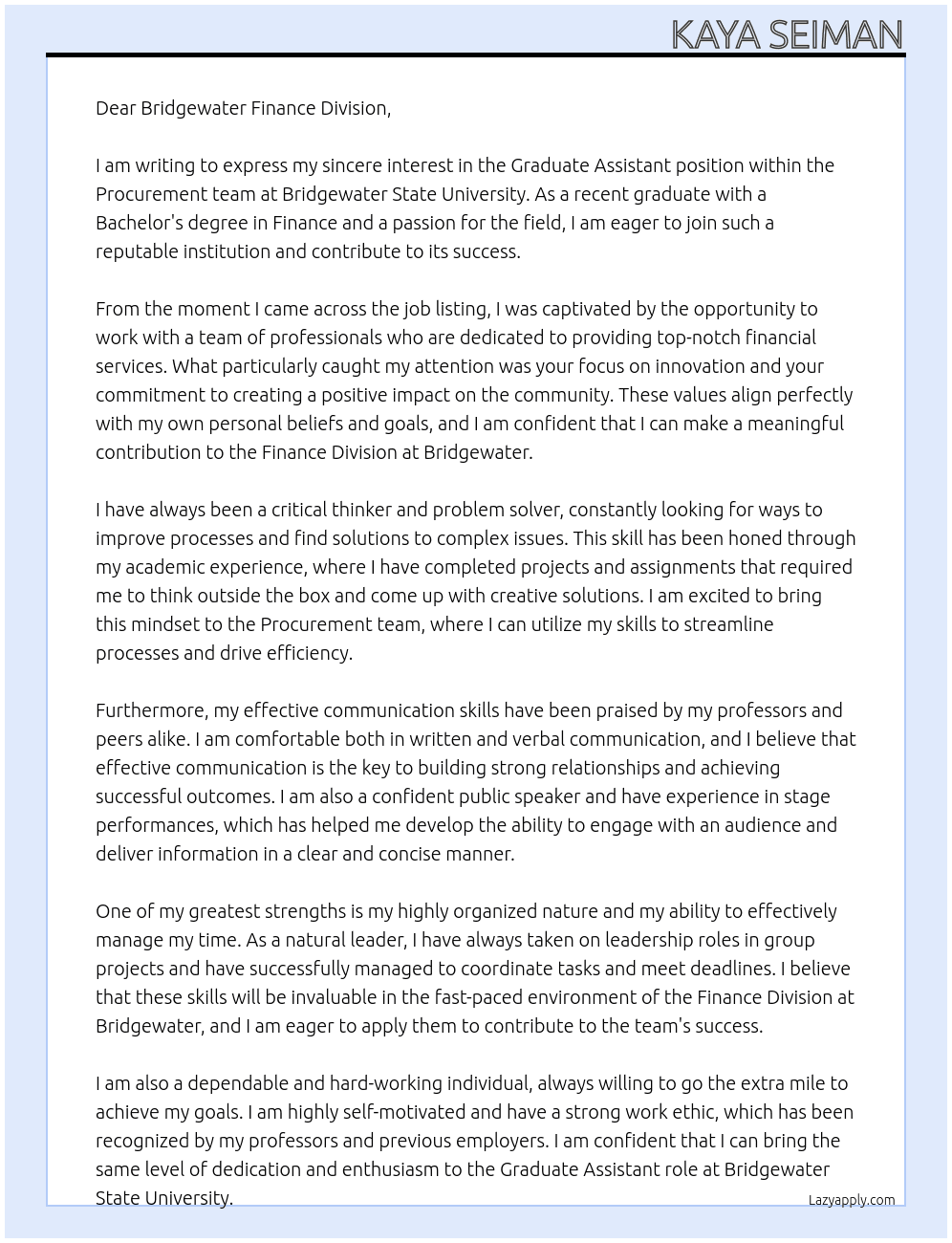  Graduate Assistant - Procurement, Finance Division At Bridgewater State University Cover Letter