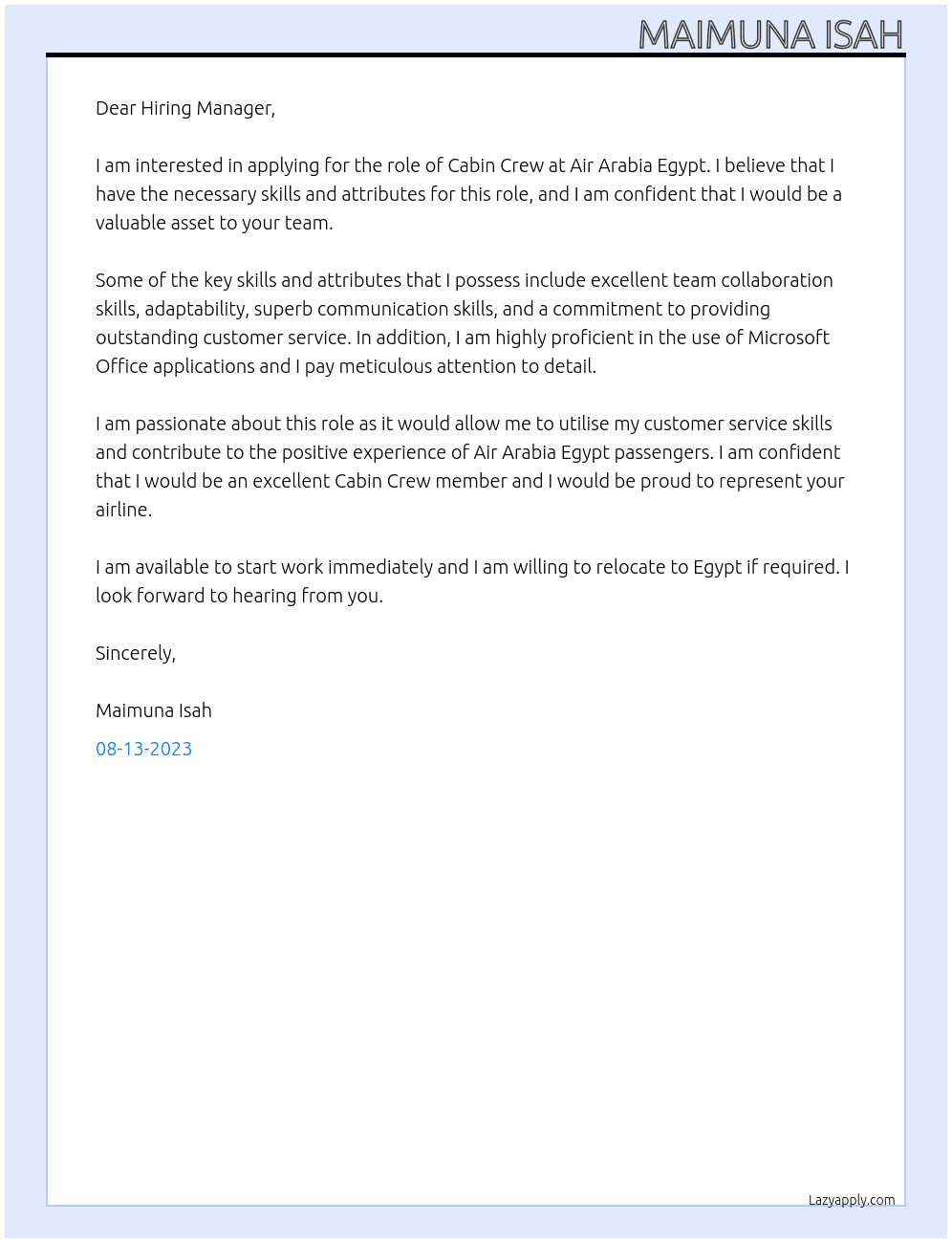 Cabin crew  At Air Arabia Egypt  Cover Letter