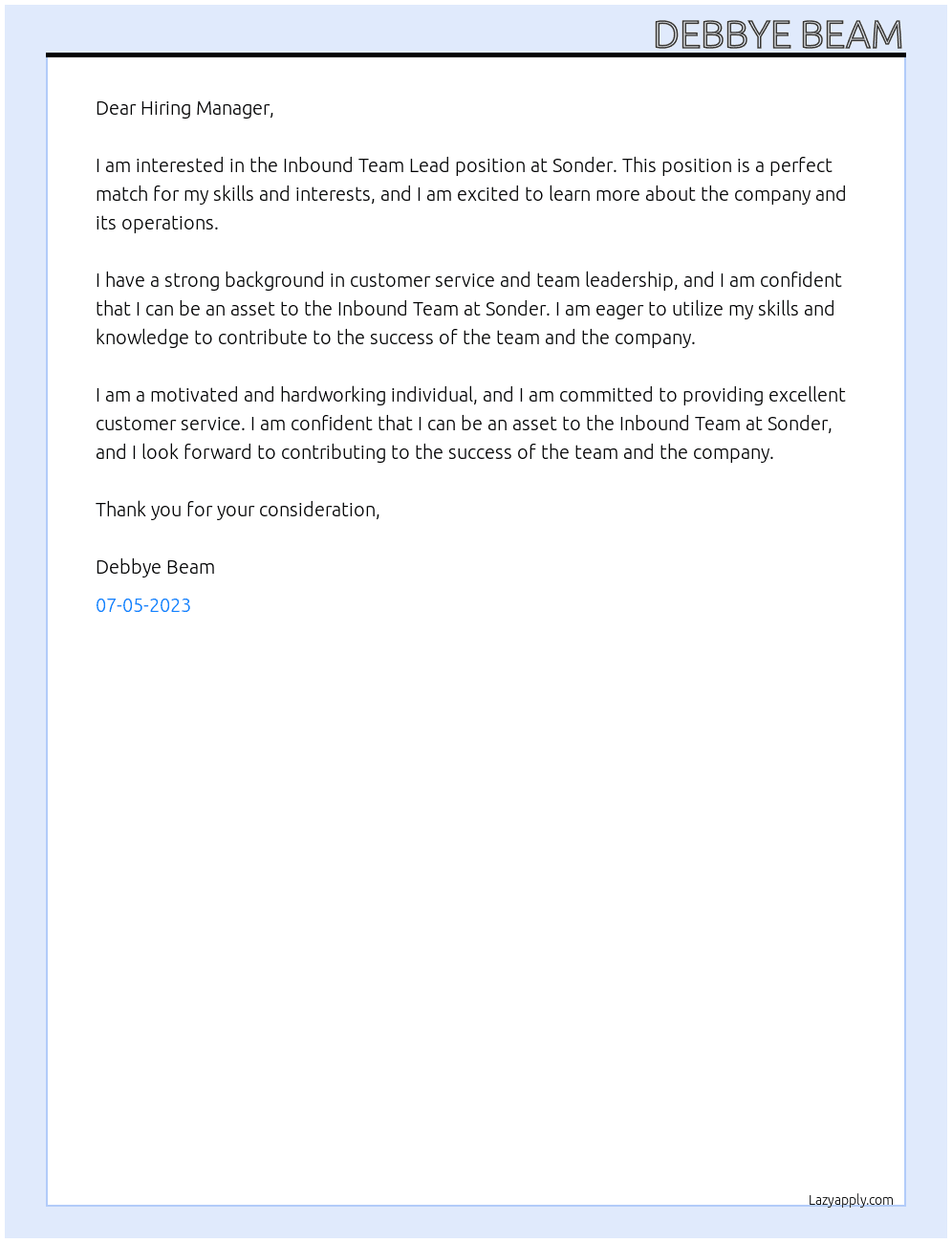 Inbound Team Lead  At Sonder Cover Letter