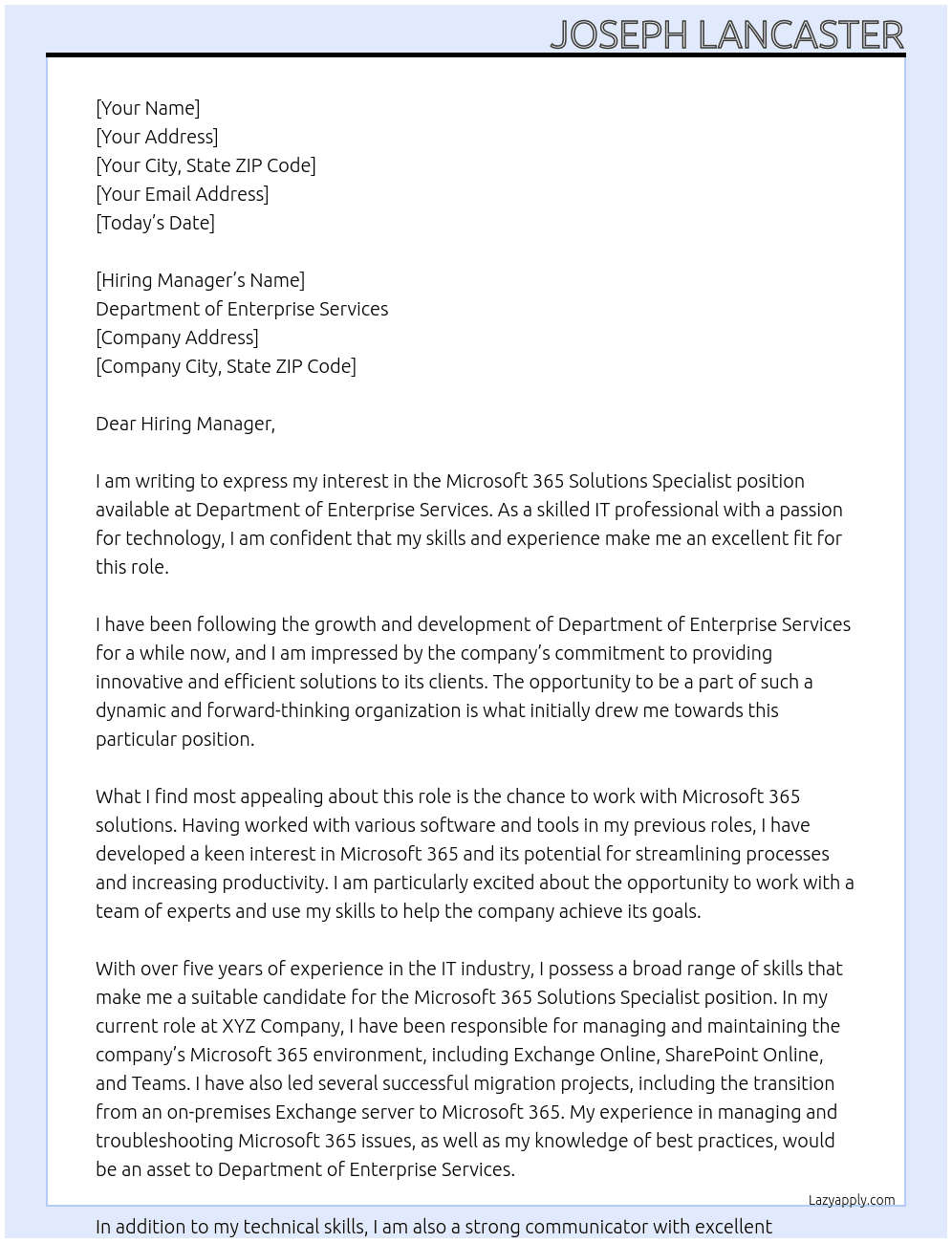 Microsoft 365 Solutions Specialist At Department of Enterprise Services Cover Letter