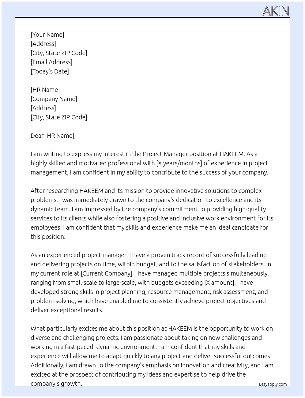 project manager At HAKEEM Cover Letter