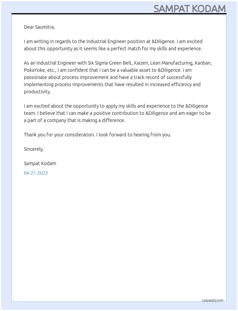 Industrial Engineer At &Diligence Cover Letter