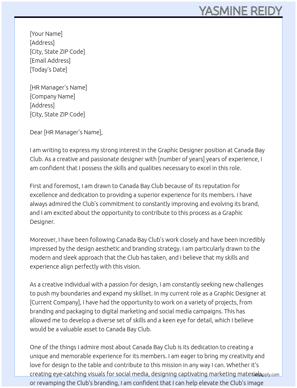 Graphic Designer At Canada Bay Club Cover Letter