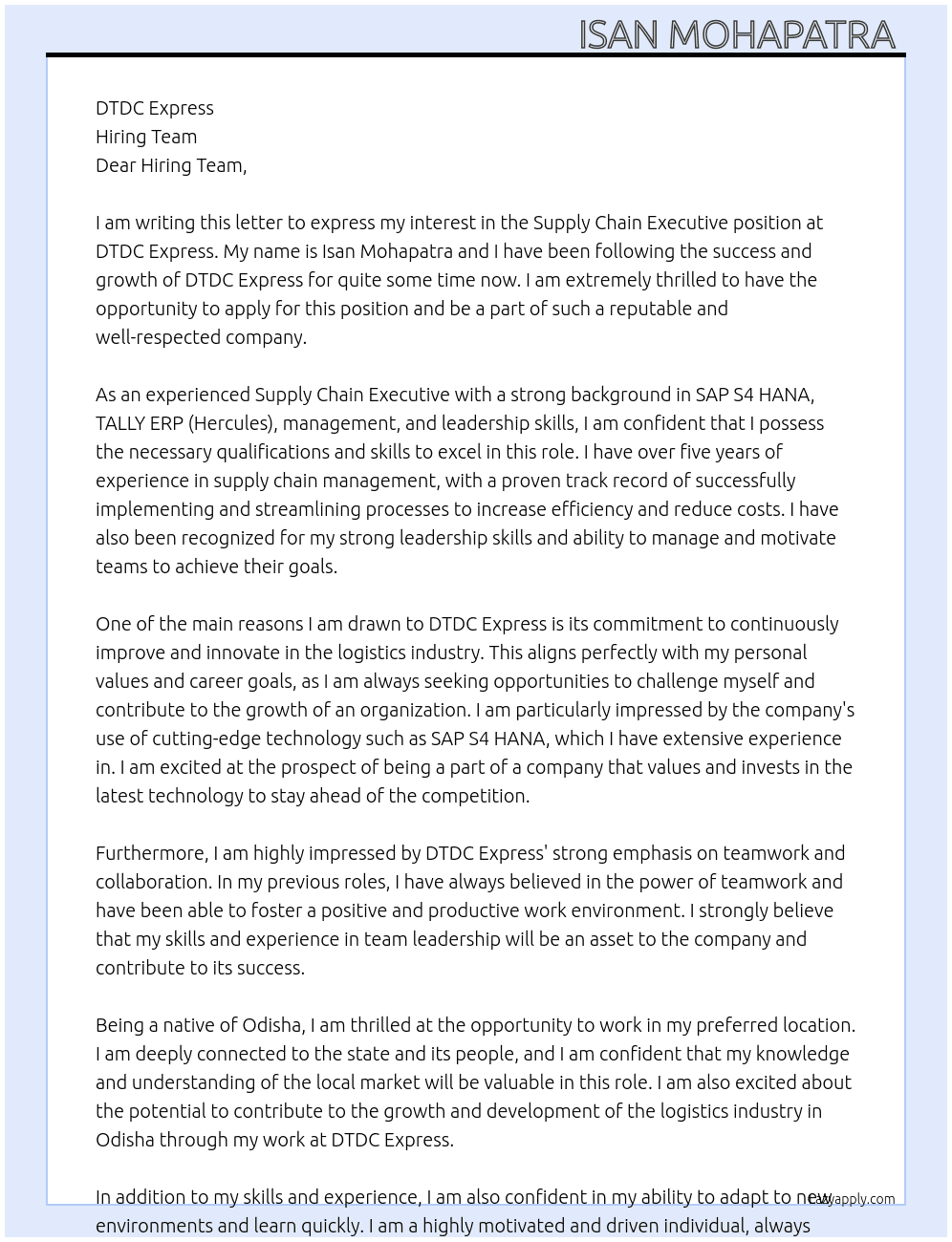 Supply Chain Executive  At DTDC Express  Cover Letter