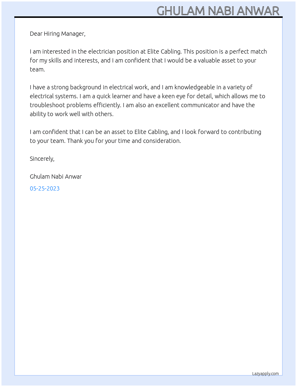 Electrician  At Elite Cabling Cover Letter