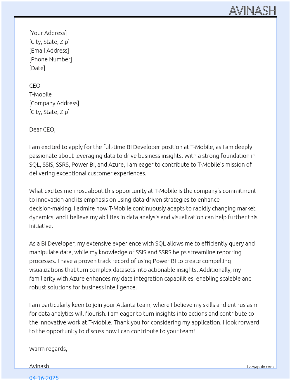 Cover letter for bi developer - LazyApply