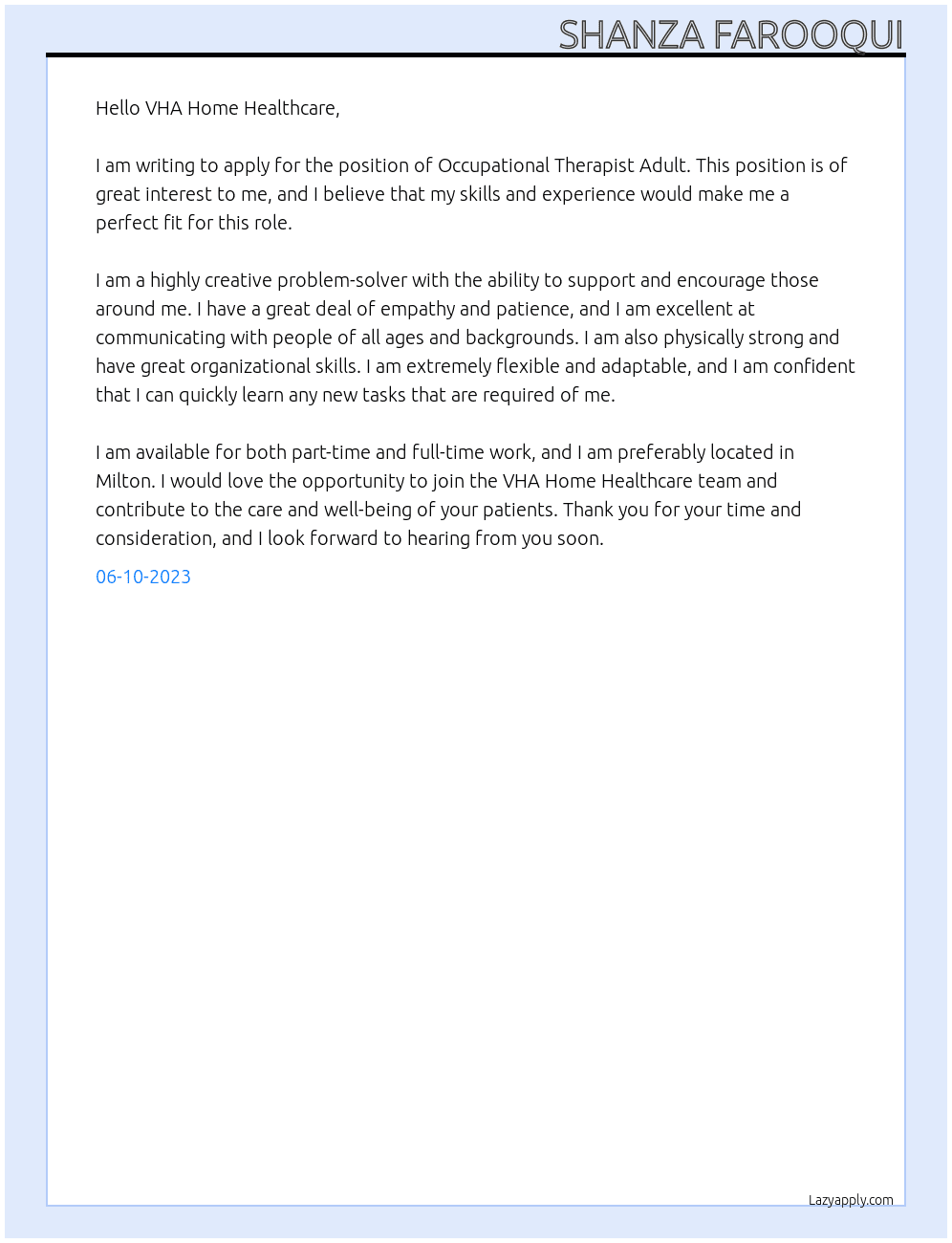 Occupational Therapist Adult At VHA Home Healthcare Cover Letter