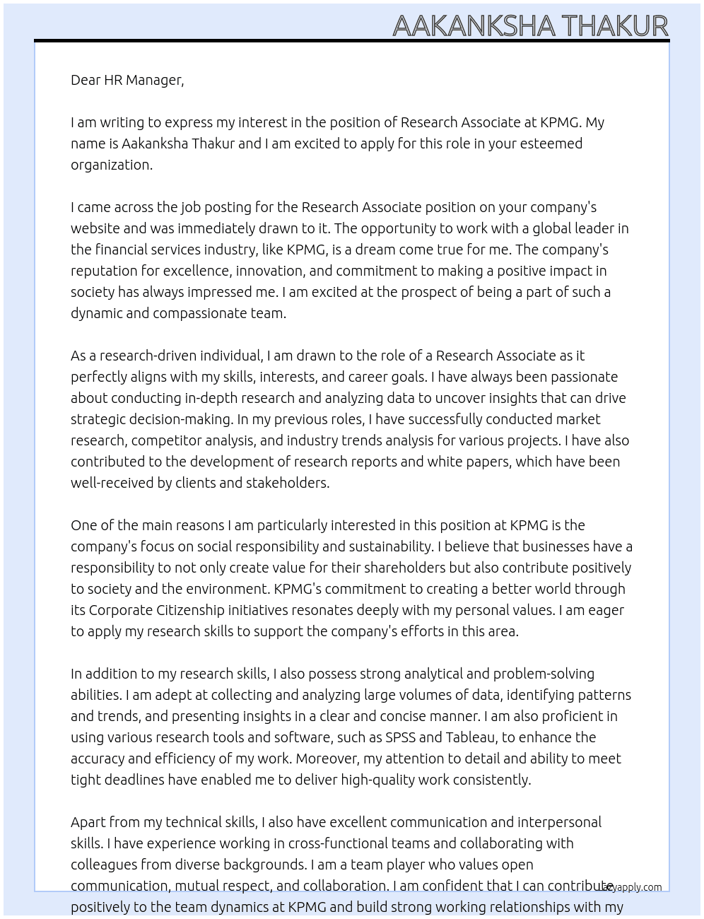 Research Associate  At KPMG Cover Letter