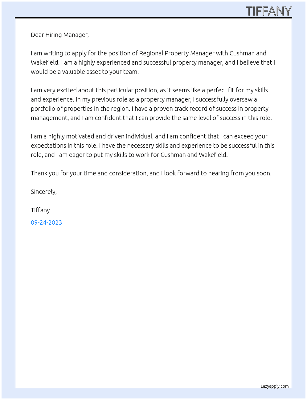 Regional property manager At Cushman and Wakefield Cover Letter