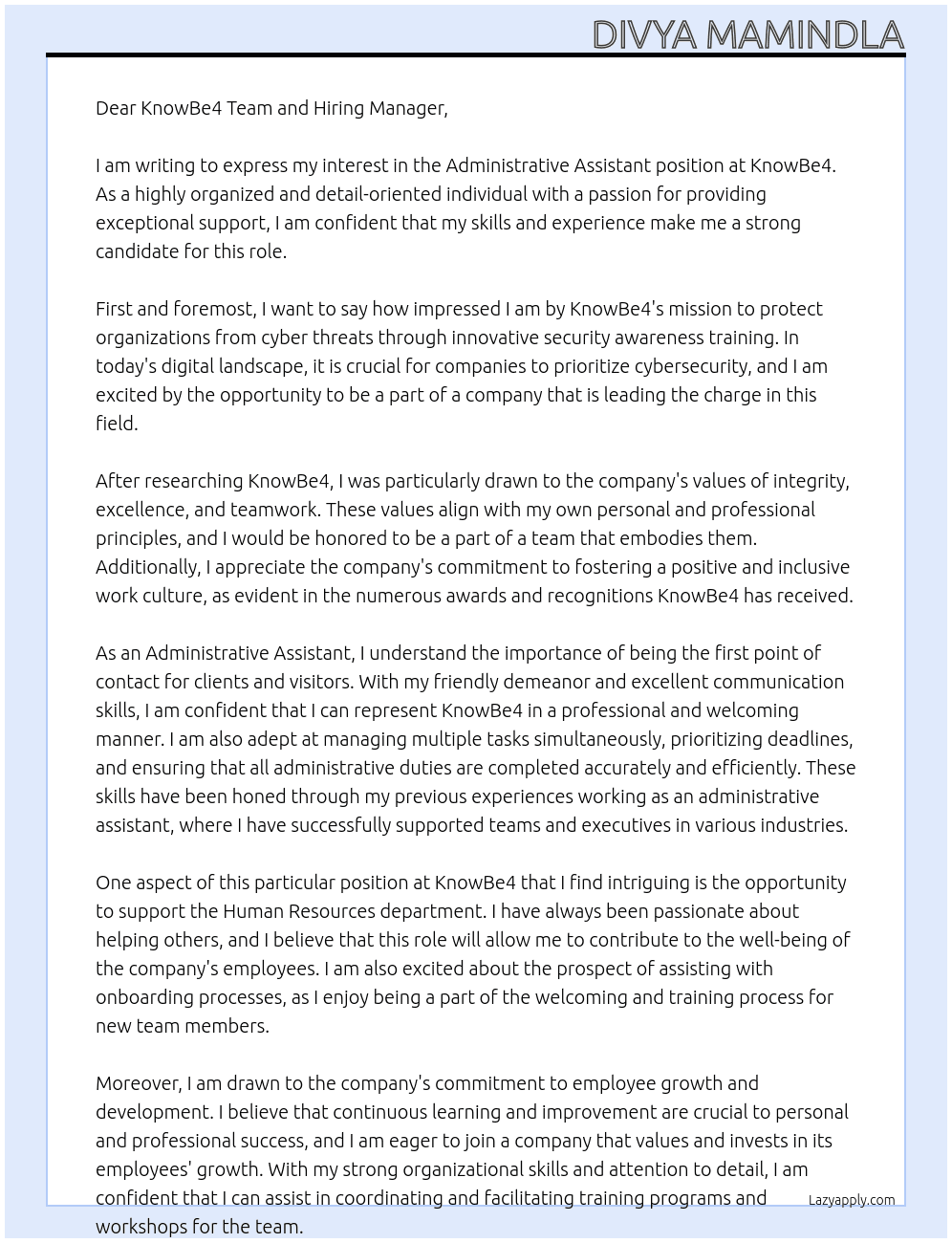 Administrative Assistant At KnowBe4 Cover Letter