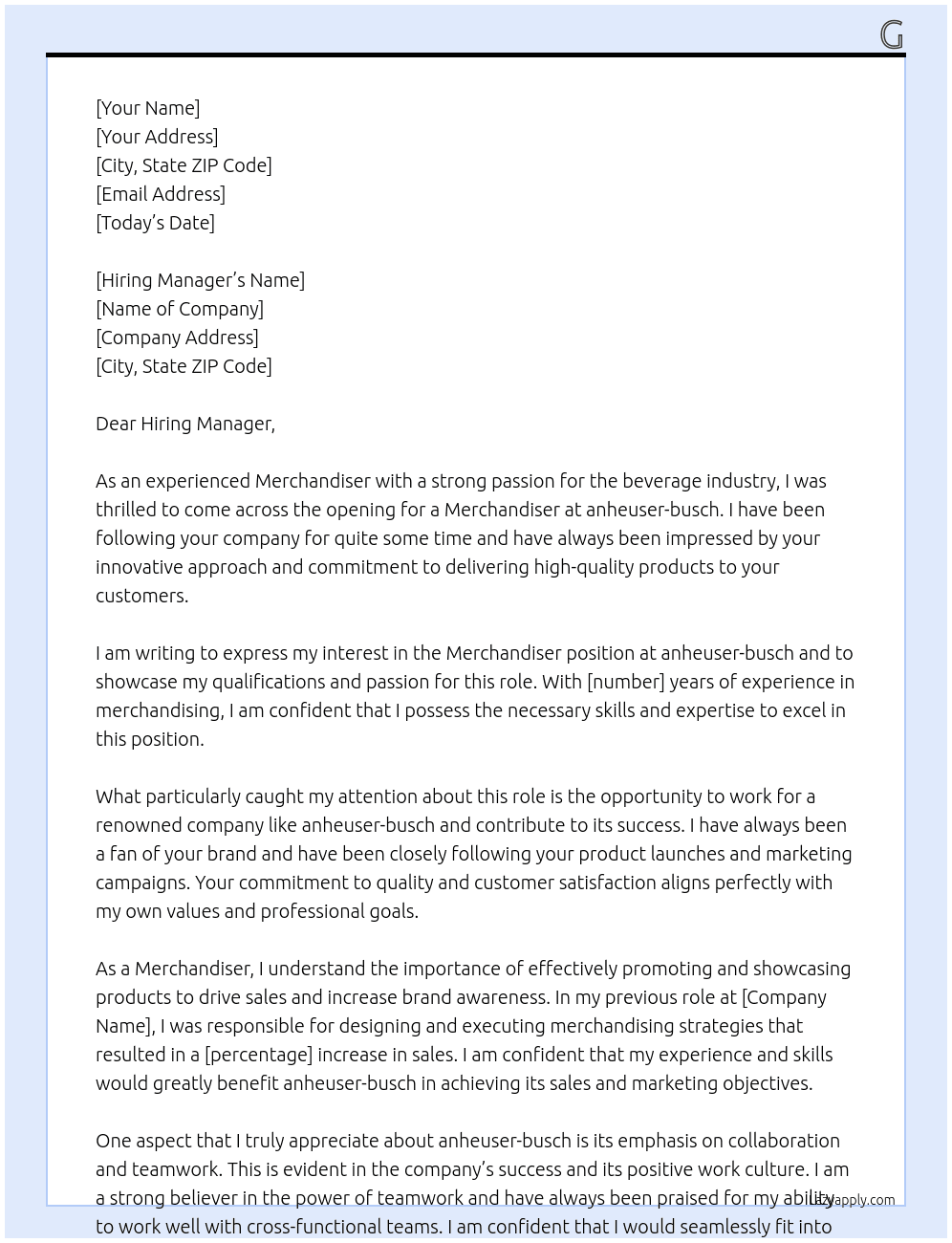 Merchandiser At anheuser-busch Cover Letter