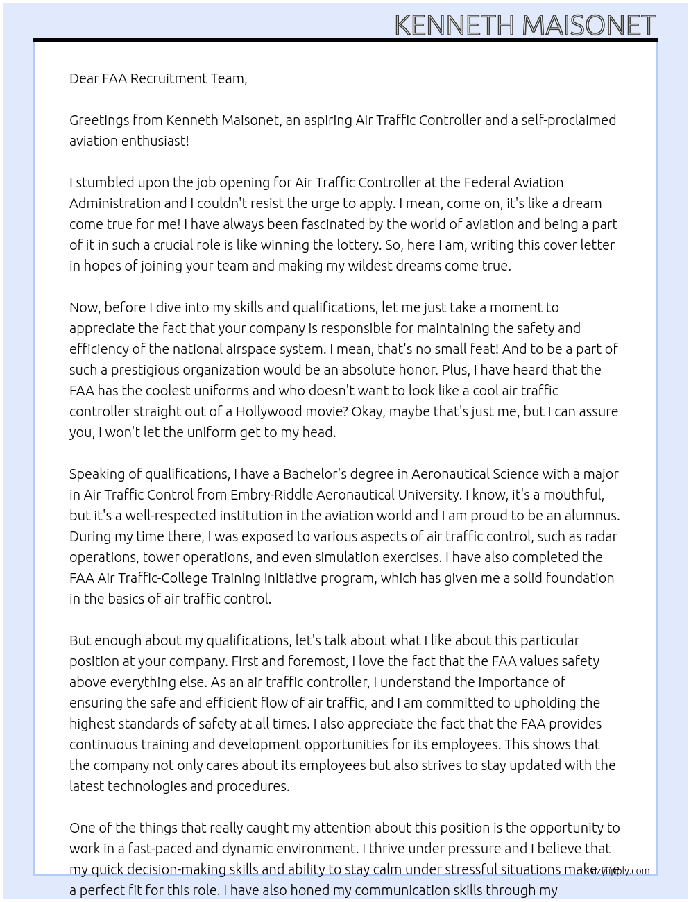 Air Traffic Controller  At Federal Aviation Administration Cover Letter