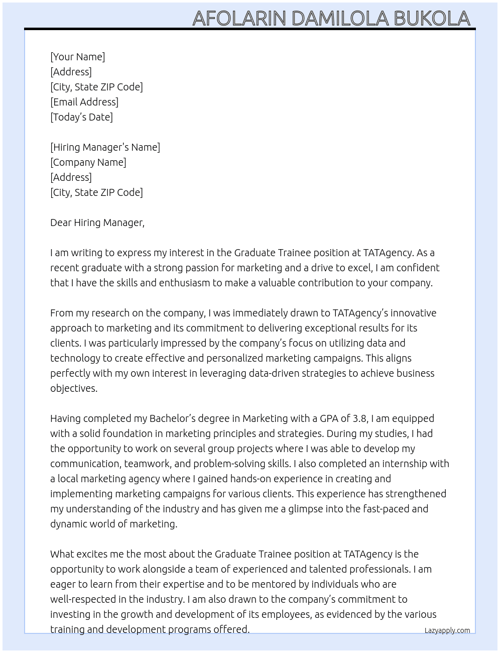 Graduate Trainee At TATAgency Cover Letter