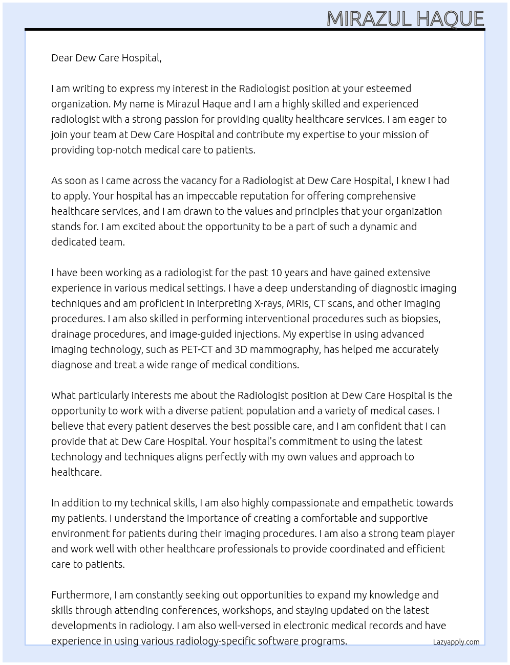 Cover letter for rediologist - LazyApply