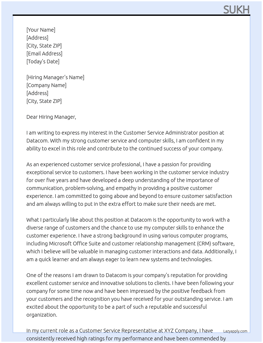 Customer Service Administrator At Datacom Cover Letter