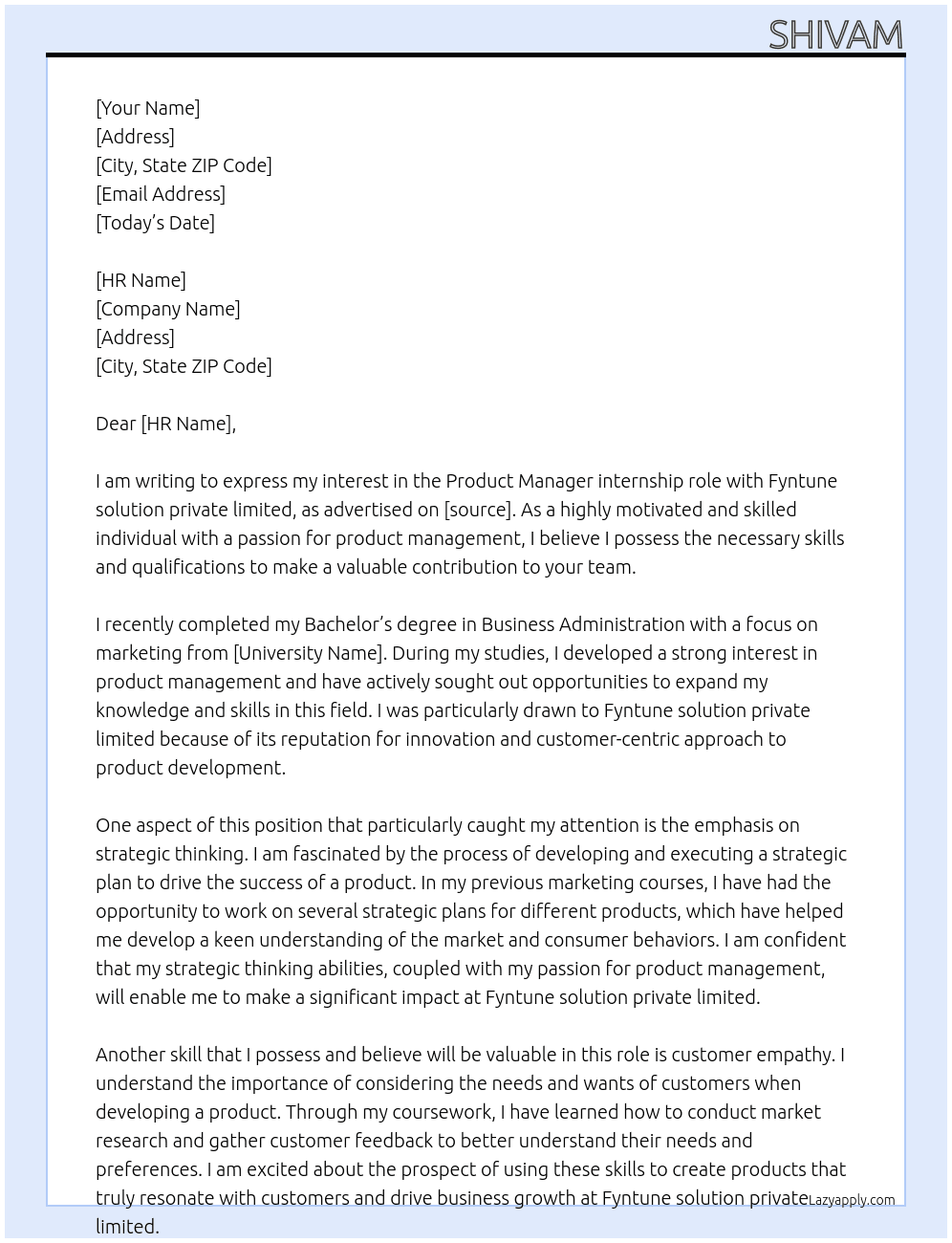 Product Mnager At Fyntune solution private limited Cover Letter