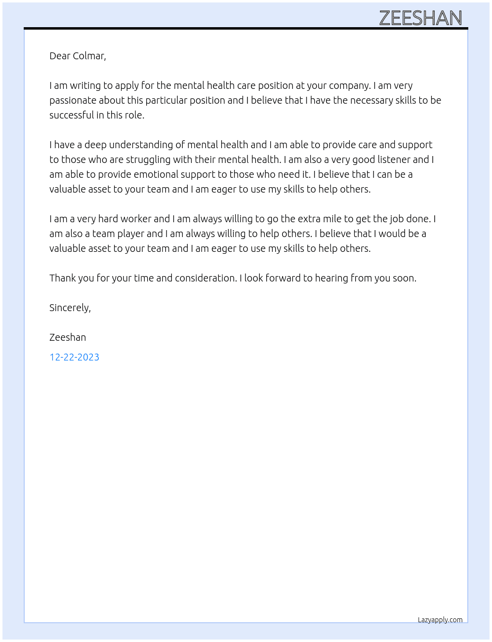 Mental health care At Colmar Cover Letter