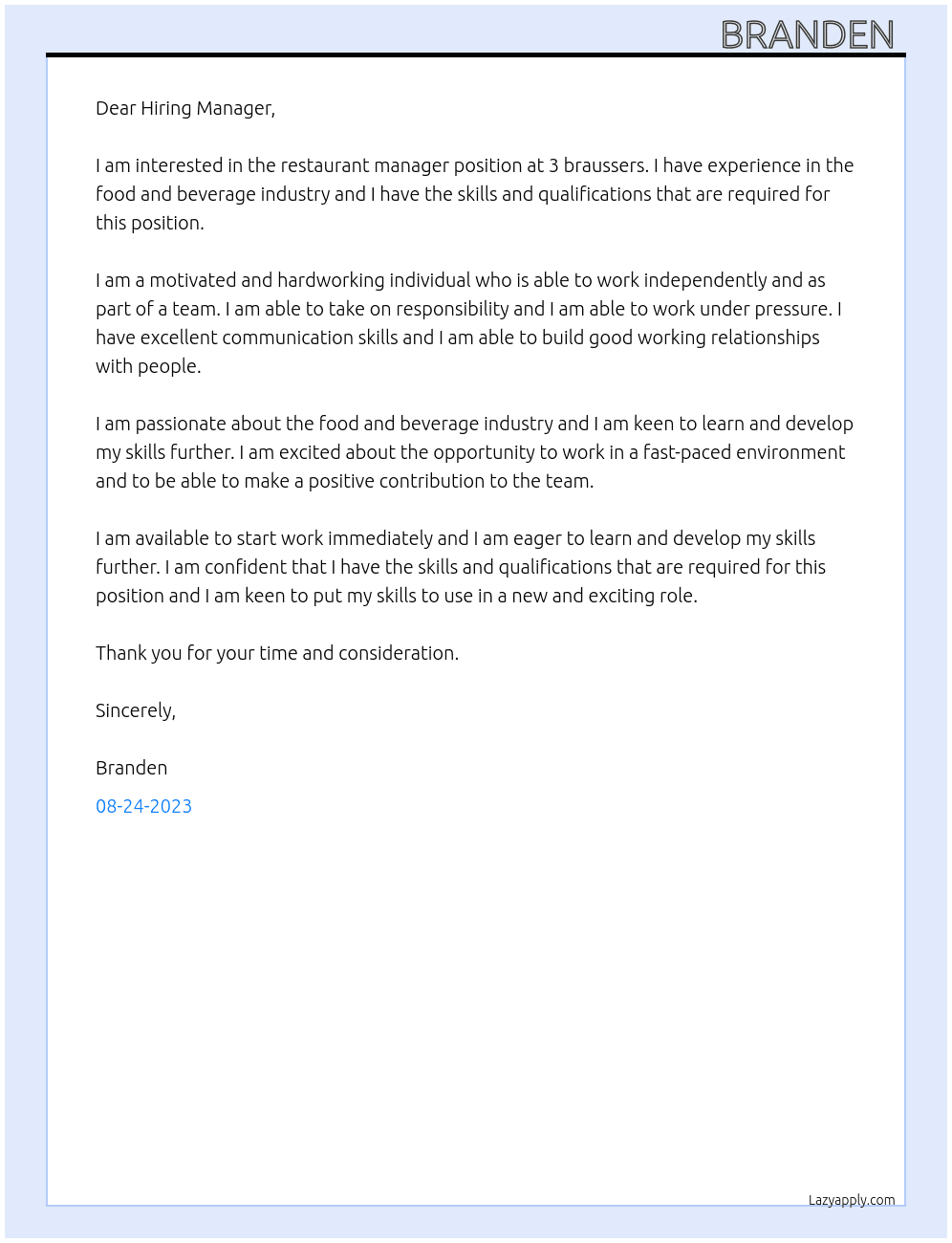 Restaurant manager  At 3 braussers  Cover Letter