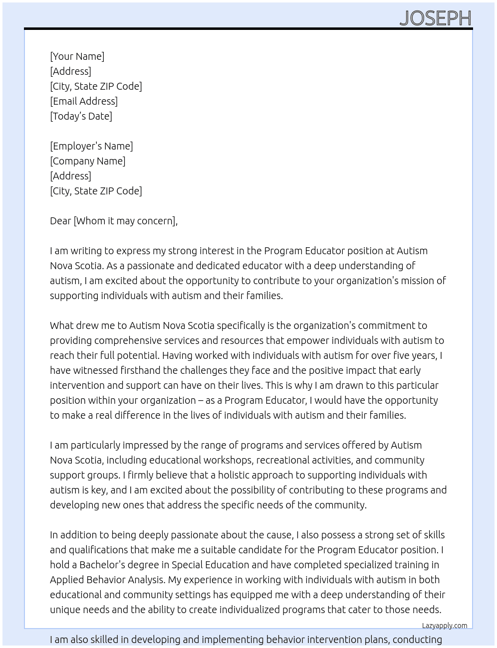 Program Educator At Autism Nova SCotia Cover Letter