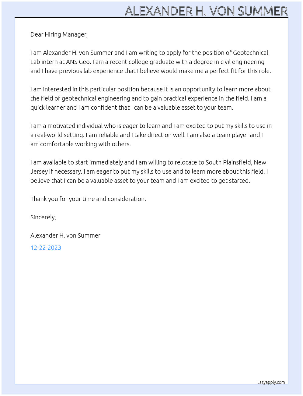Geotechnical Lab intern At ANS Geo Cover Letter