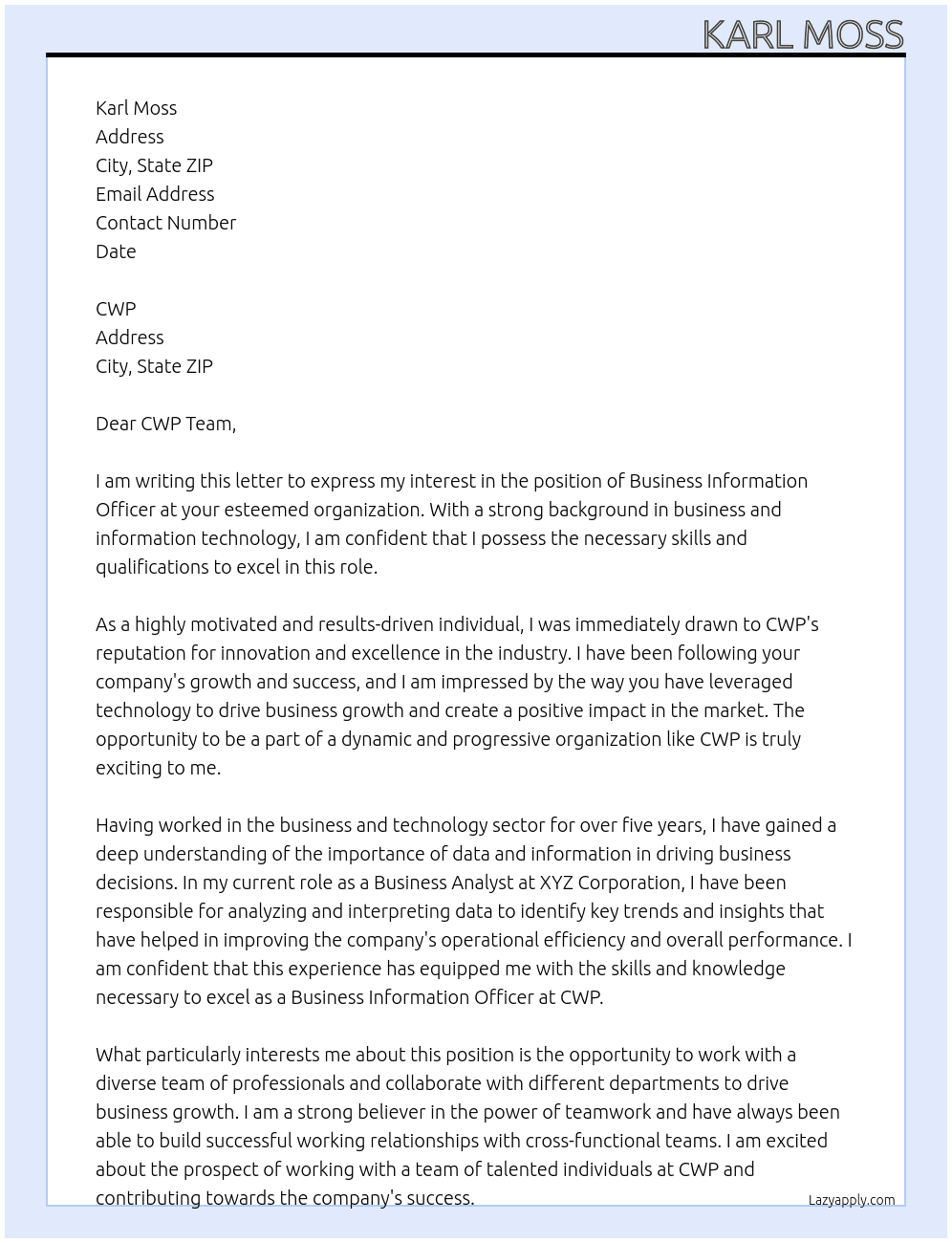 business information officer At CWP Cover Letter