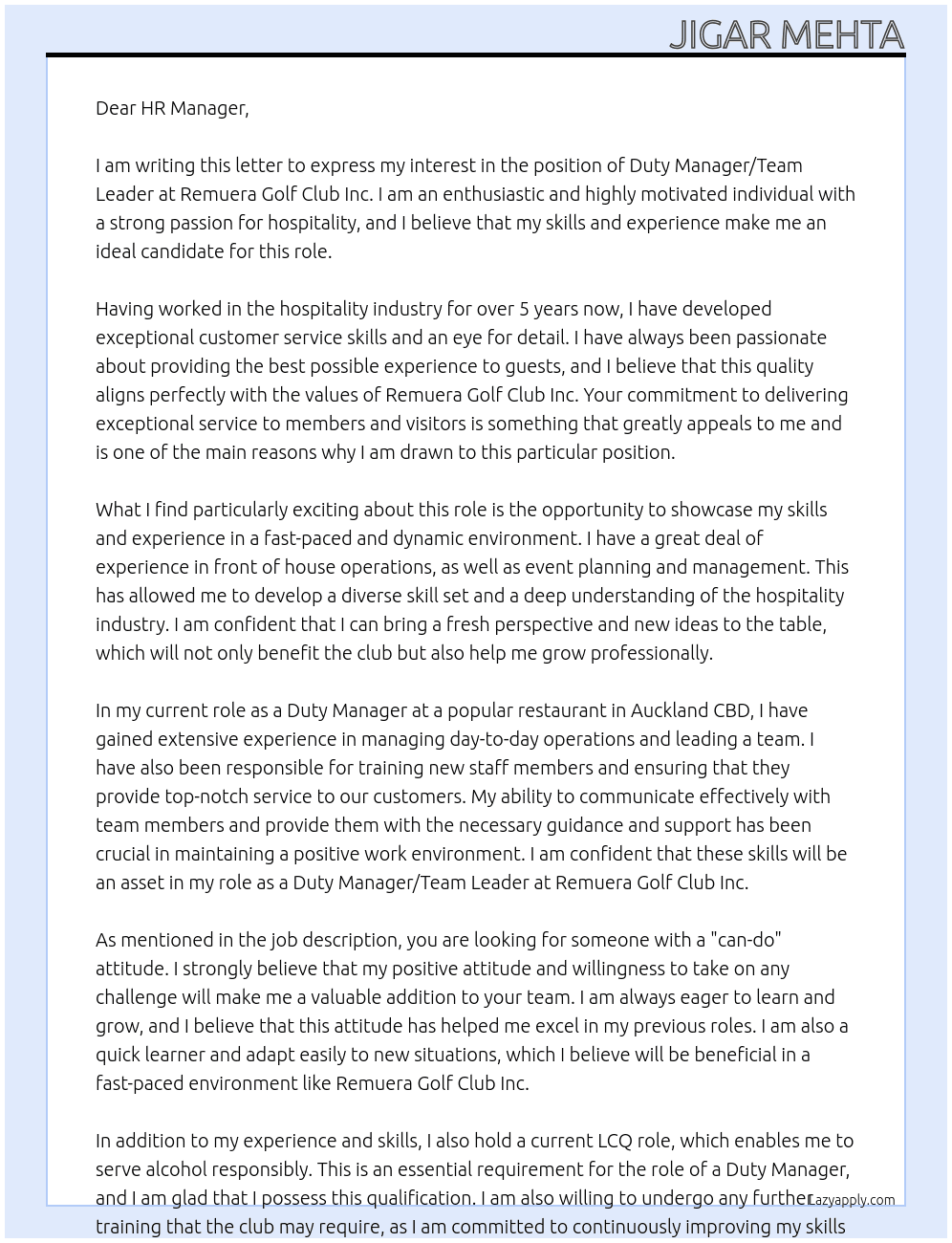 Duty Manager/Team Leader At Remuera Golf Club Inc. Cover Letter