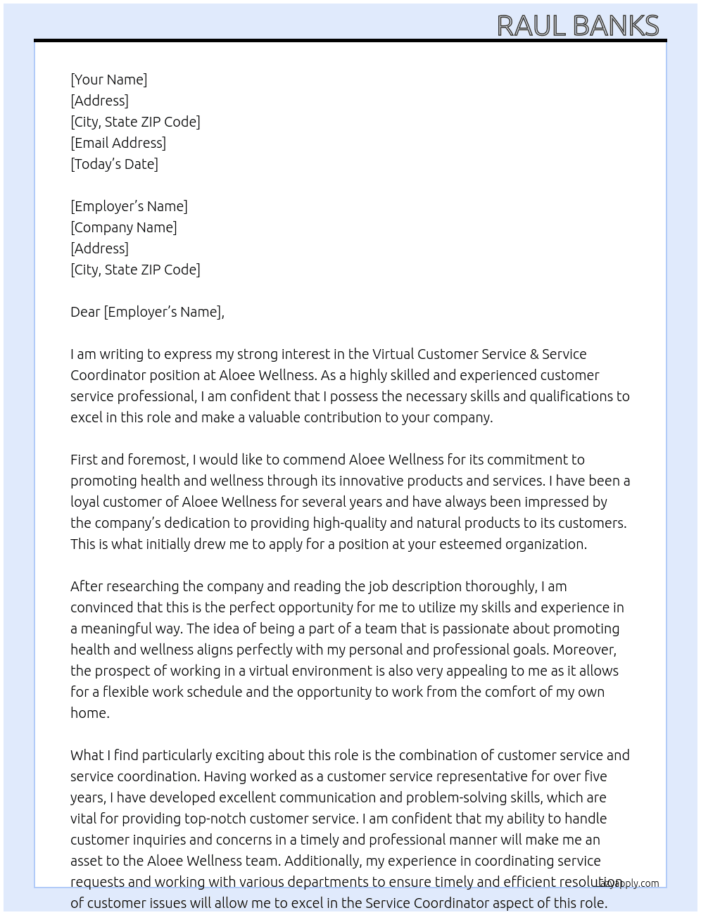 Virtual Customer Service & Service Coordinator At  Aloee Wellness Cover Letter