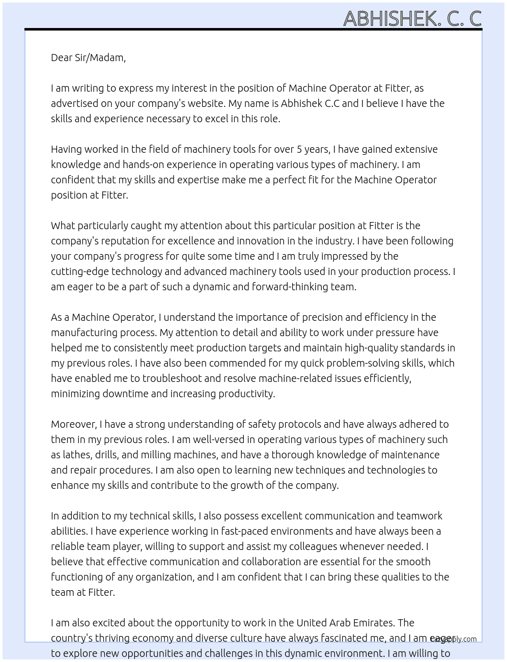 Machine operator  At Fitter Cover Letter