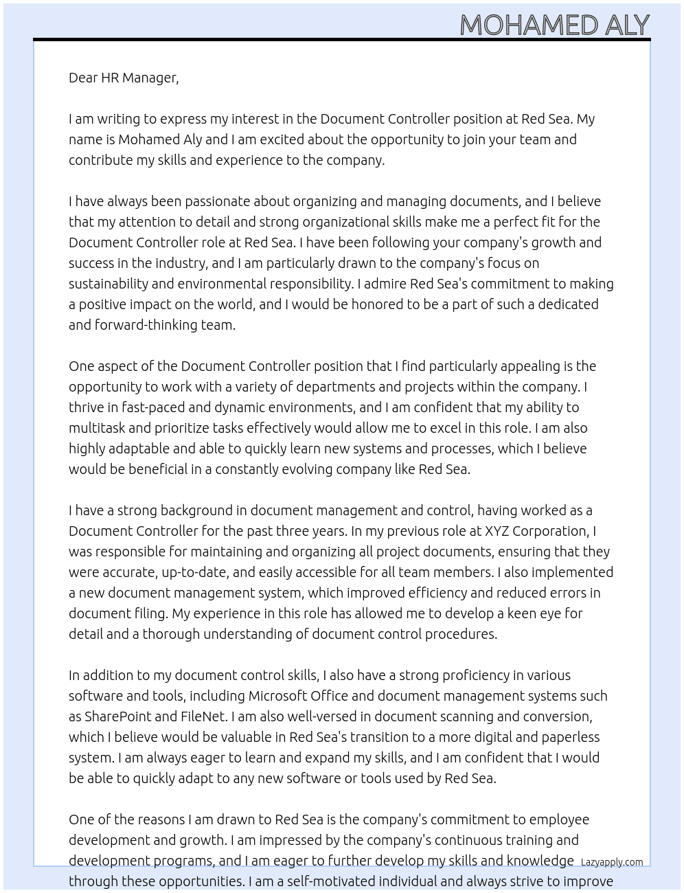 Document Controller  At Red Sea Cover Letter
