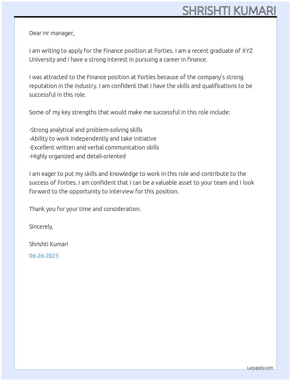 Finance  At Forties  Cover Letter