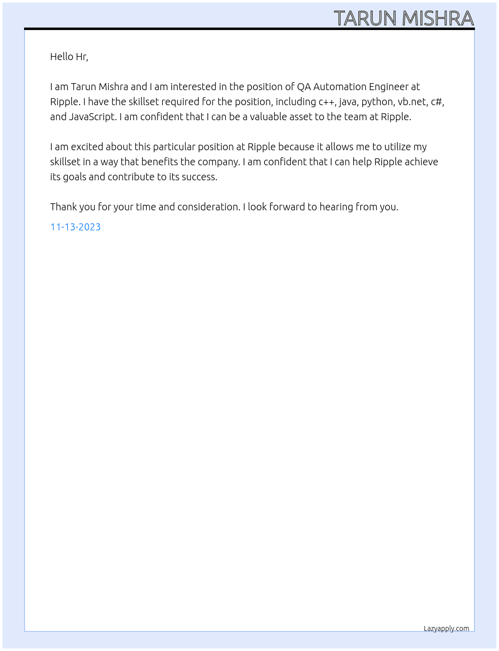 QA Automation Engineer At Ripple Cover Letter