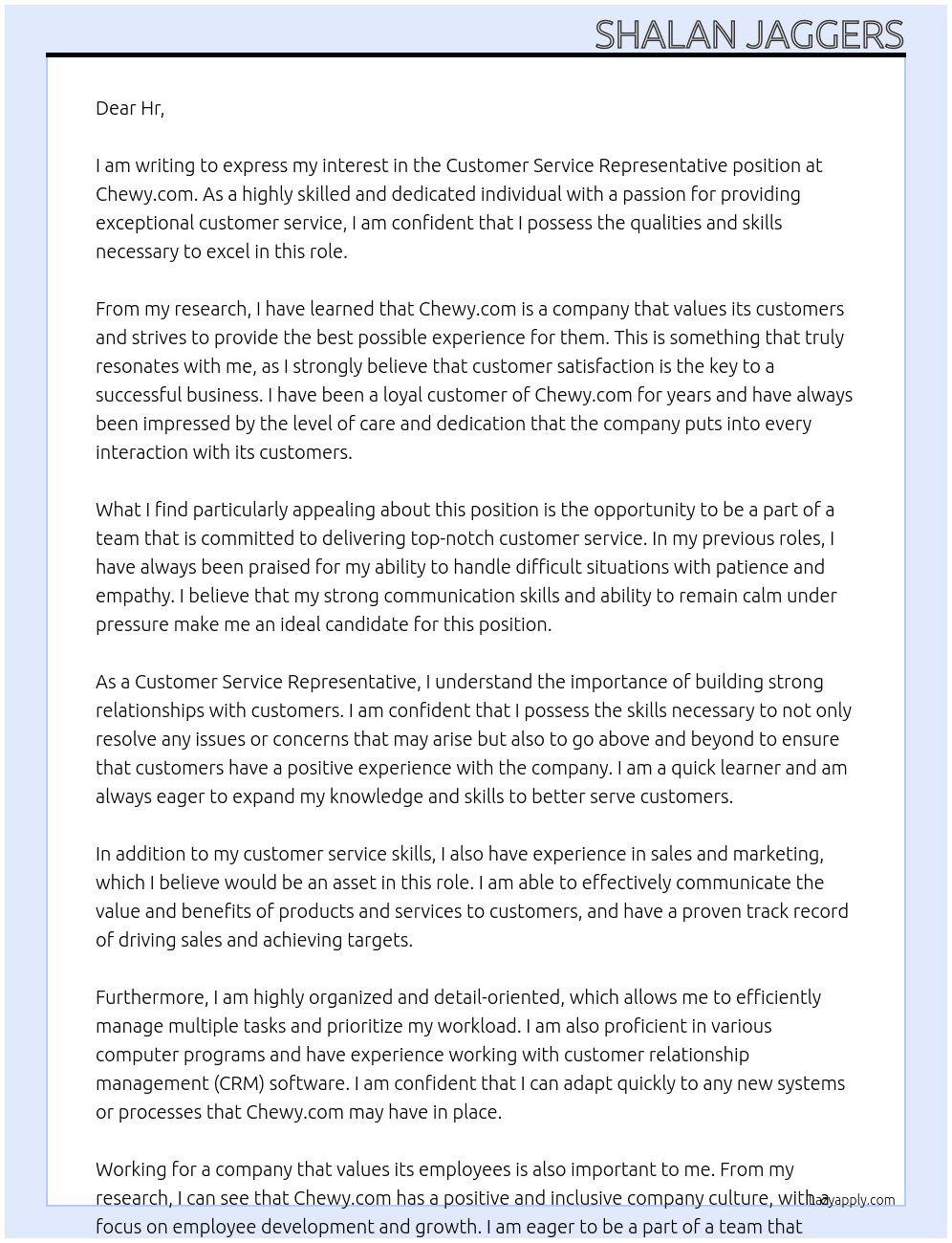Customer service representative  At Chewy.com Cover Letter