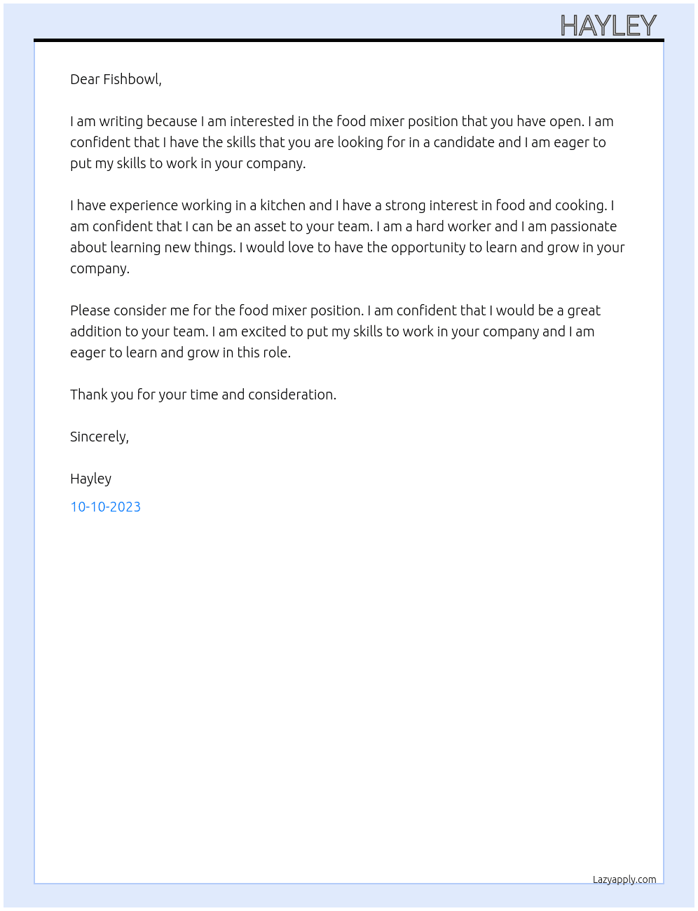 Food mixer  At Fishbowl Cover Letter