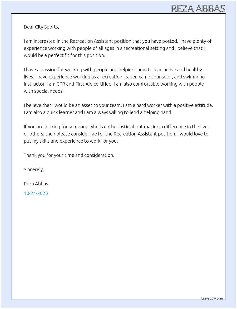 Recreation Assistant At City Sports Cover Letter