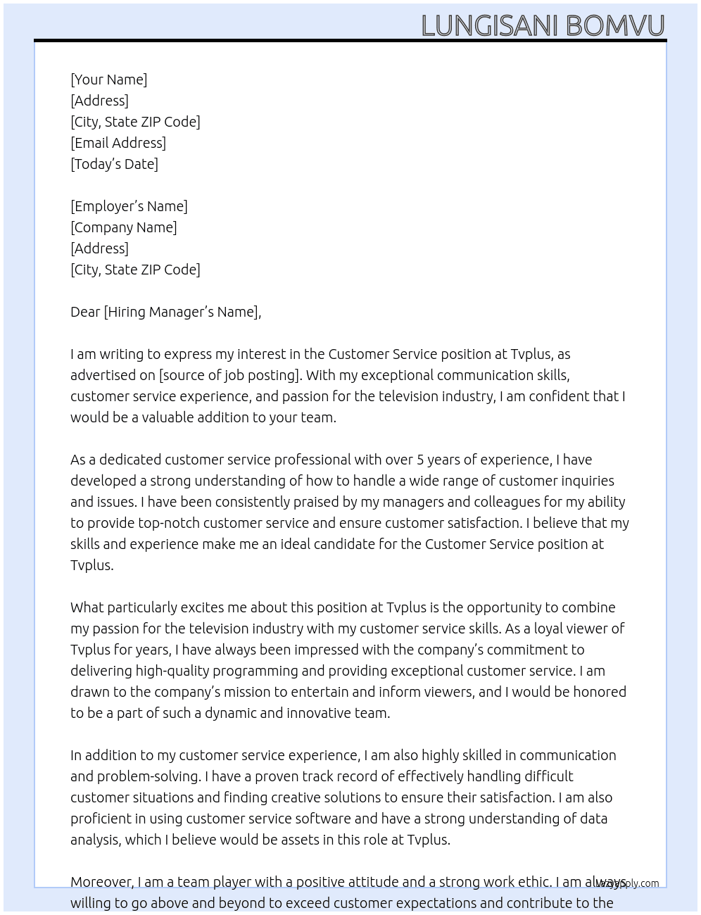 Customer Service At Tvplus Cover Letter