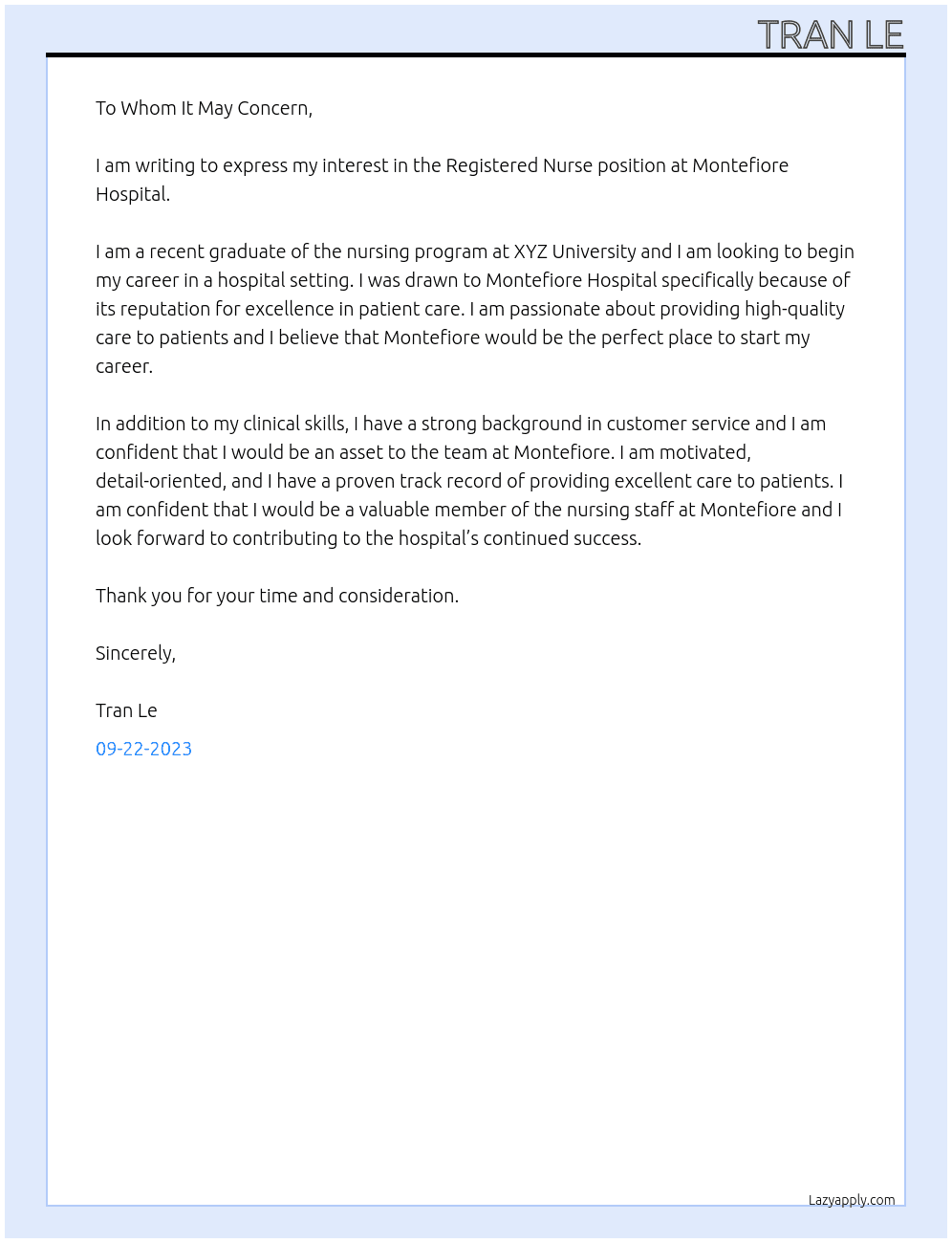 Registered Nurse At montefiore hospital Cover Letter