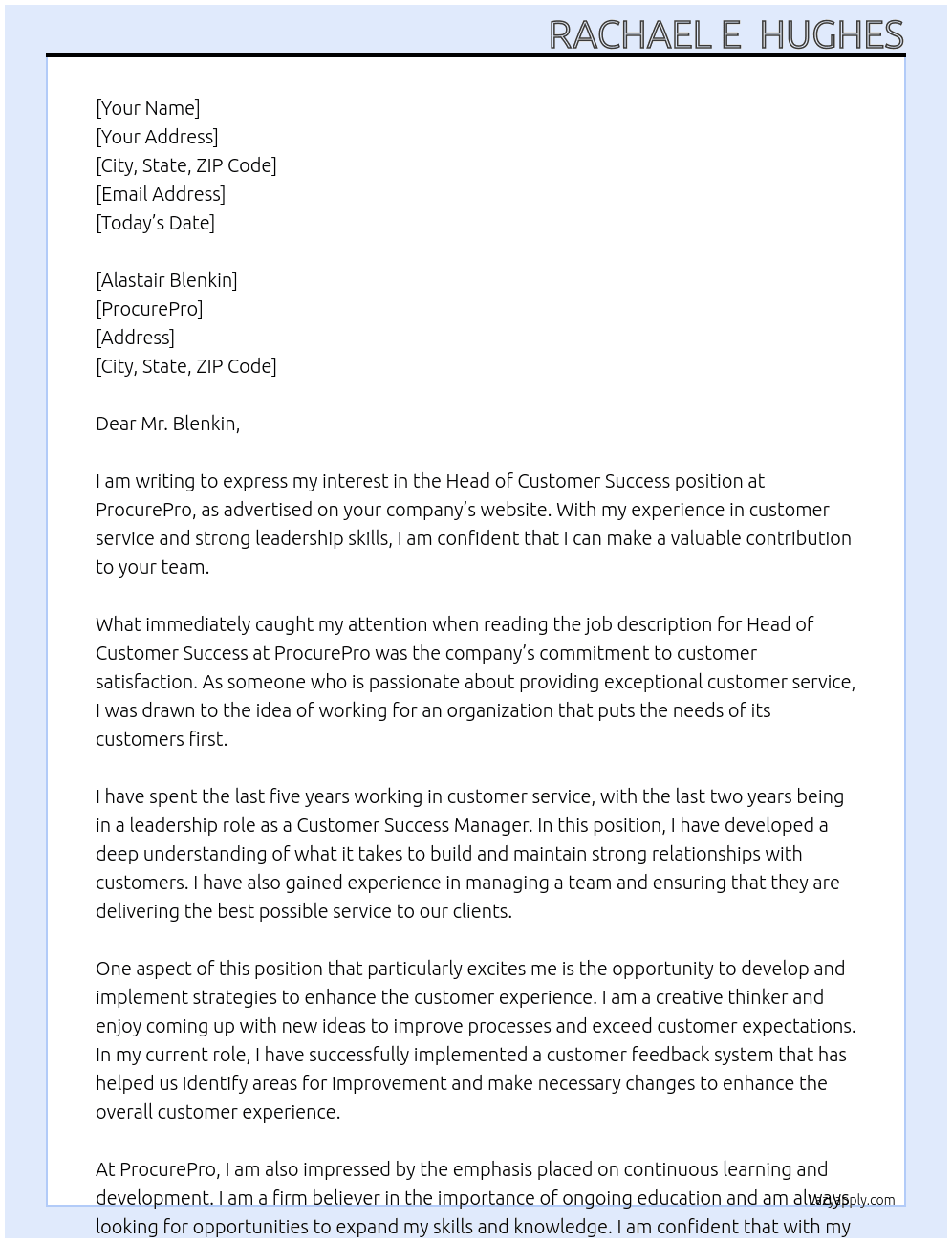 Head of customer success  At ProcurePro Cover Letter