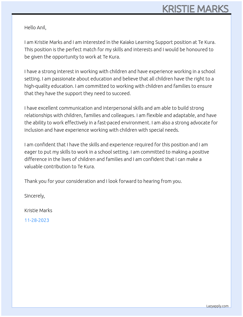 Kaiako Learning Support At Te Kura  Cover Letter
