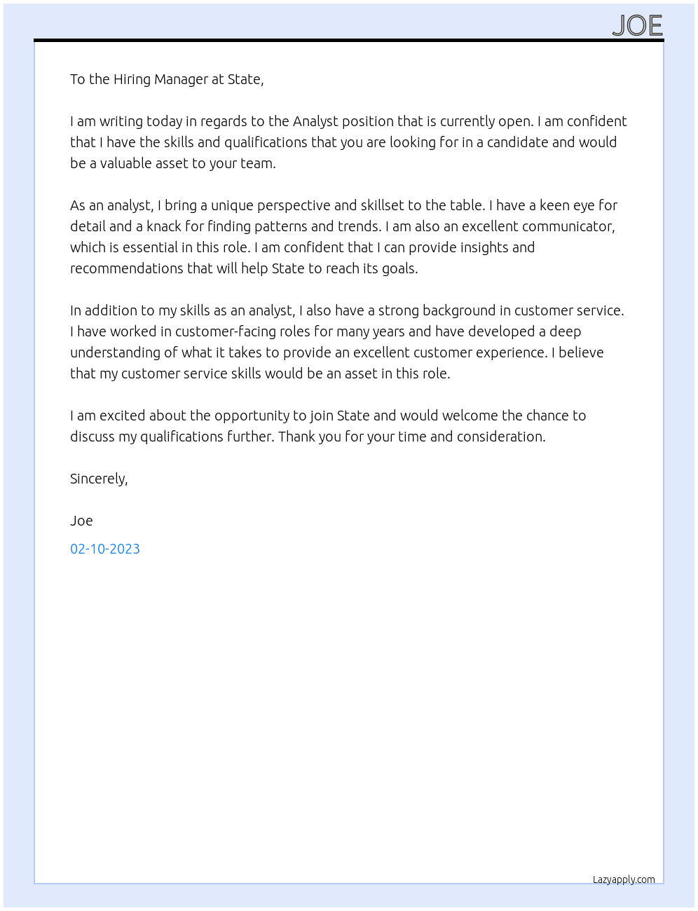 Analyst At State Cover Letter