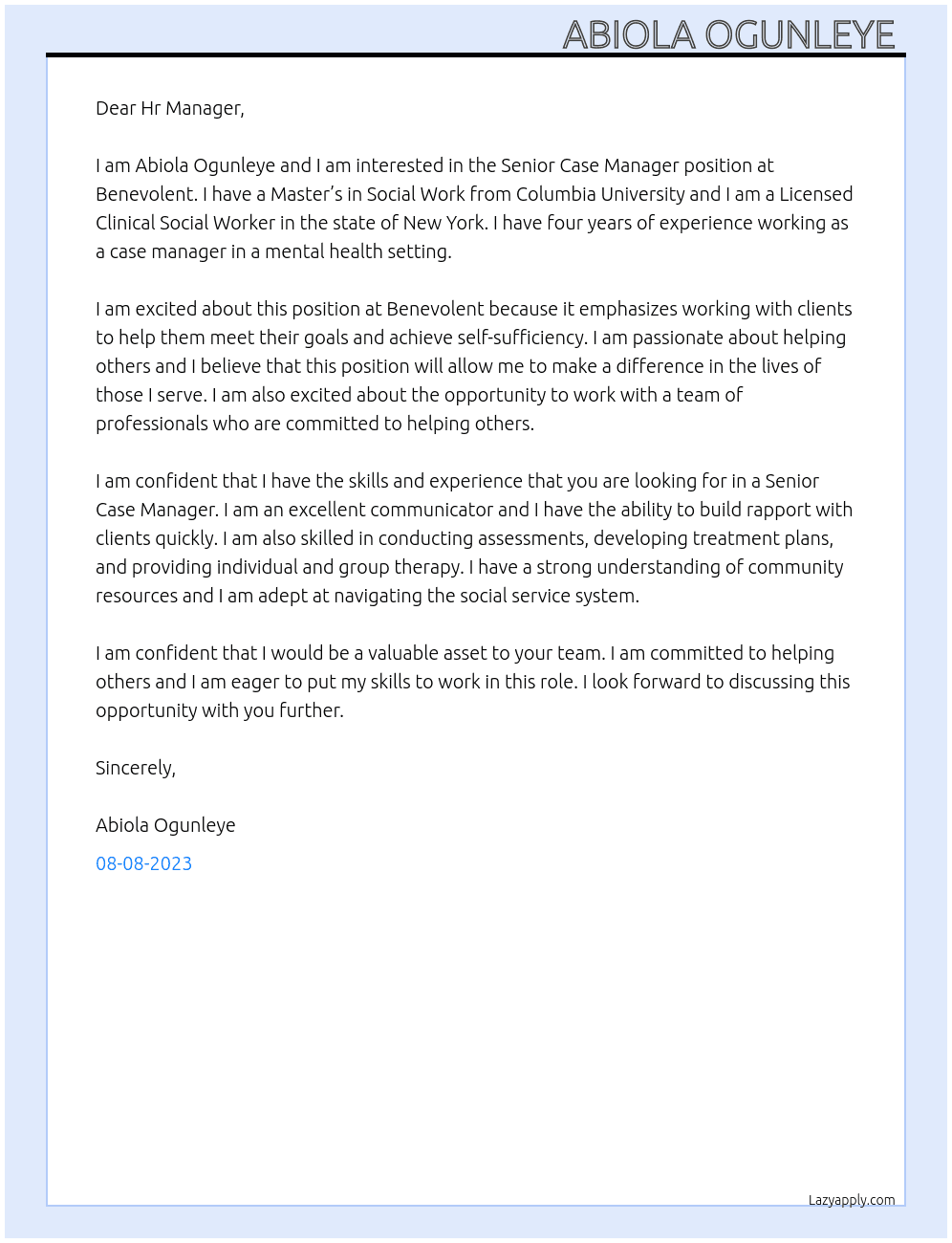Senior case Mnager At benevolent Cover Letter