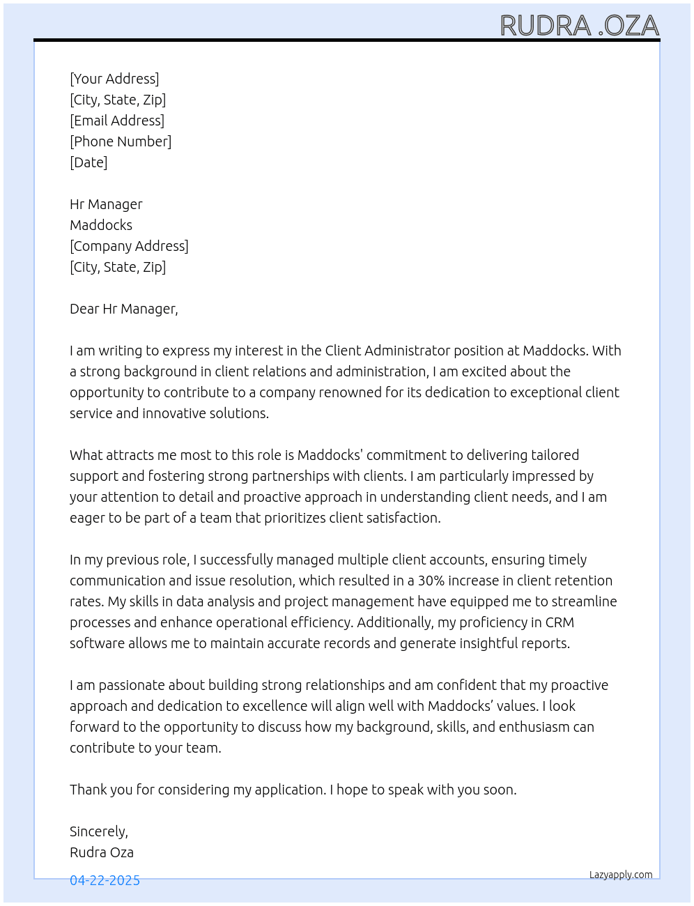 Client Administrator  At Maddocks Cover Letter