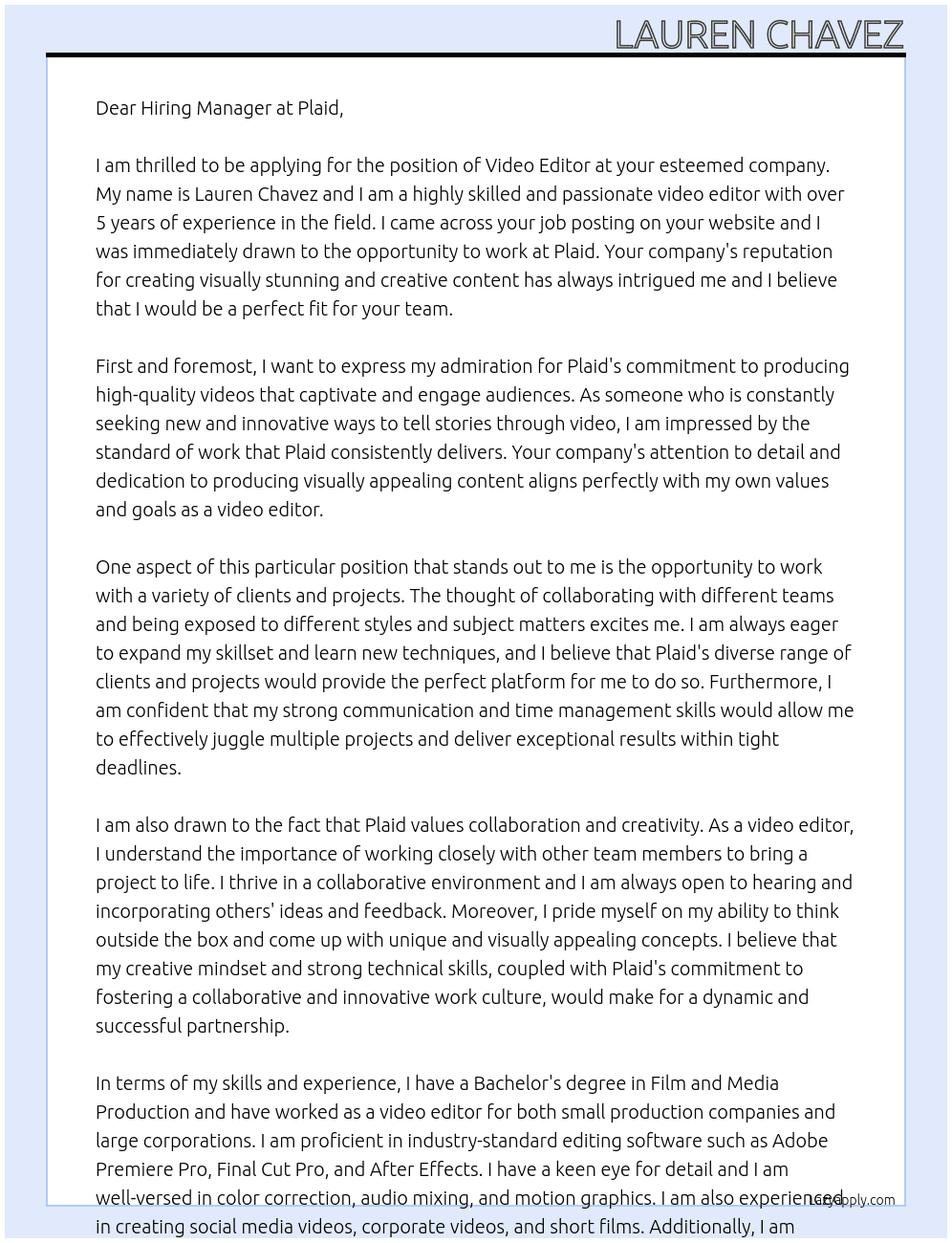 Video Editor At Plaid Cover Letter