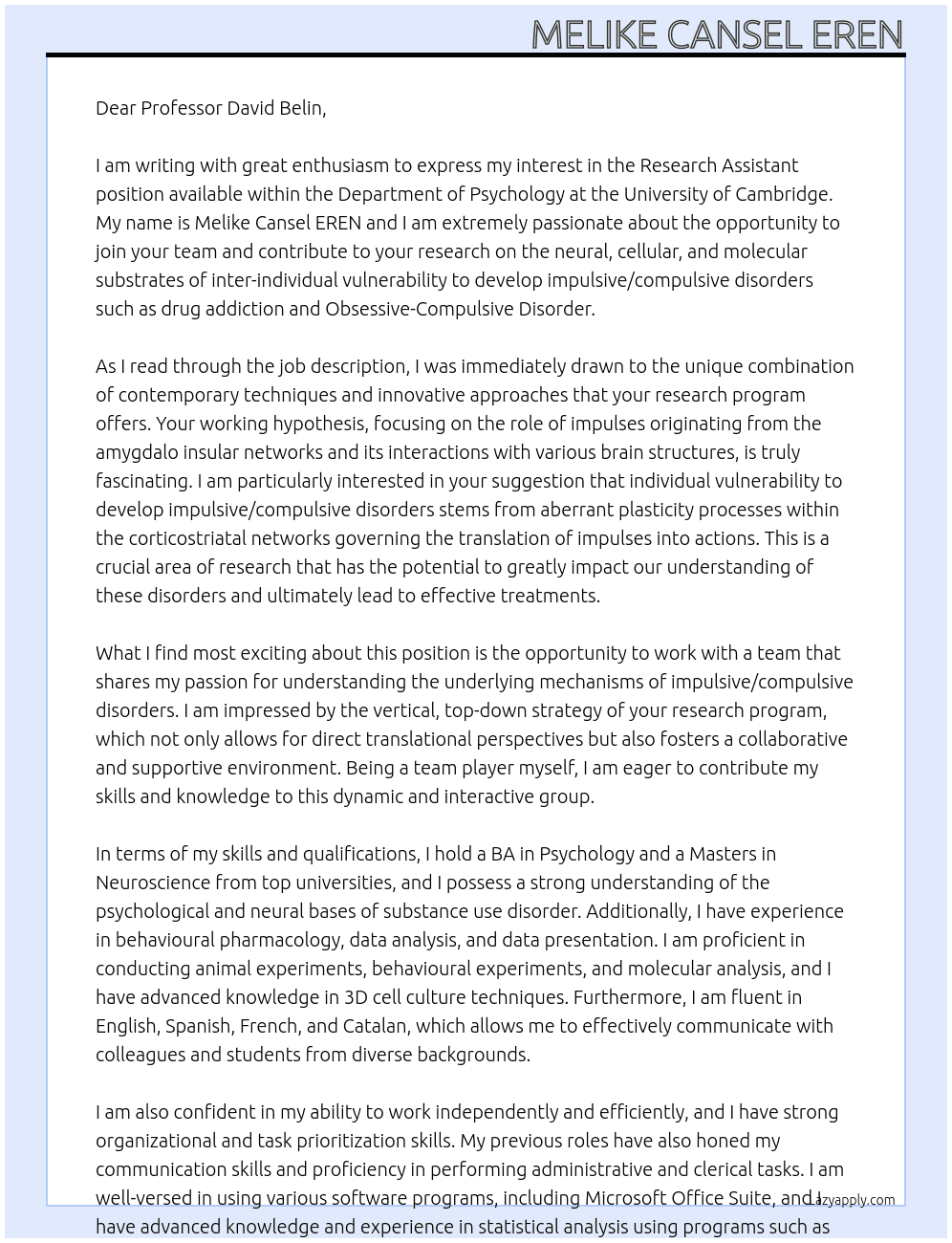 Research Assistant At Department of Psychology of the University of Cambridge Cover Letter