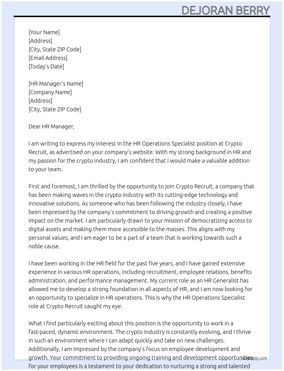 HR Operations Specialist At Crypto Recruit Cover Letter