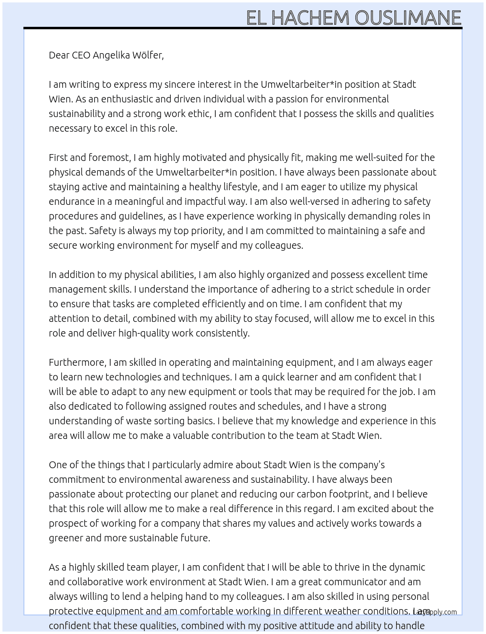 Umweltarbeiter*in At Stadt Wien Cover Letter
