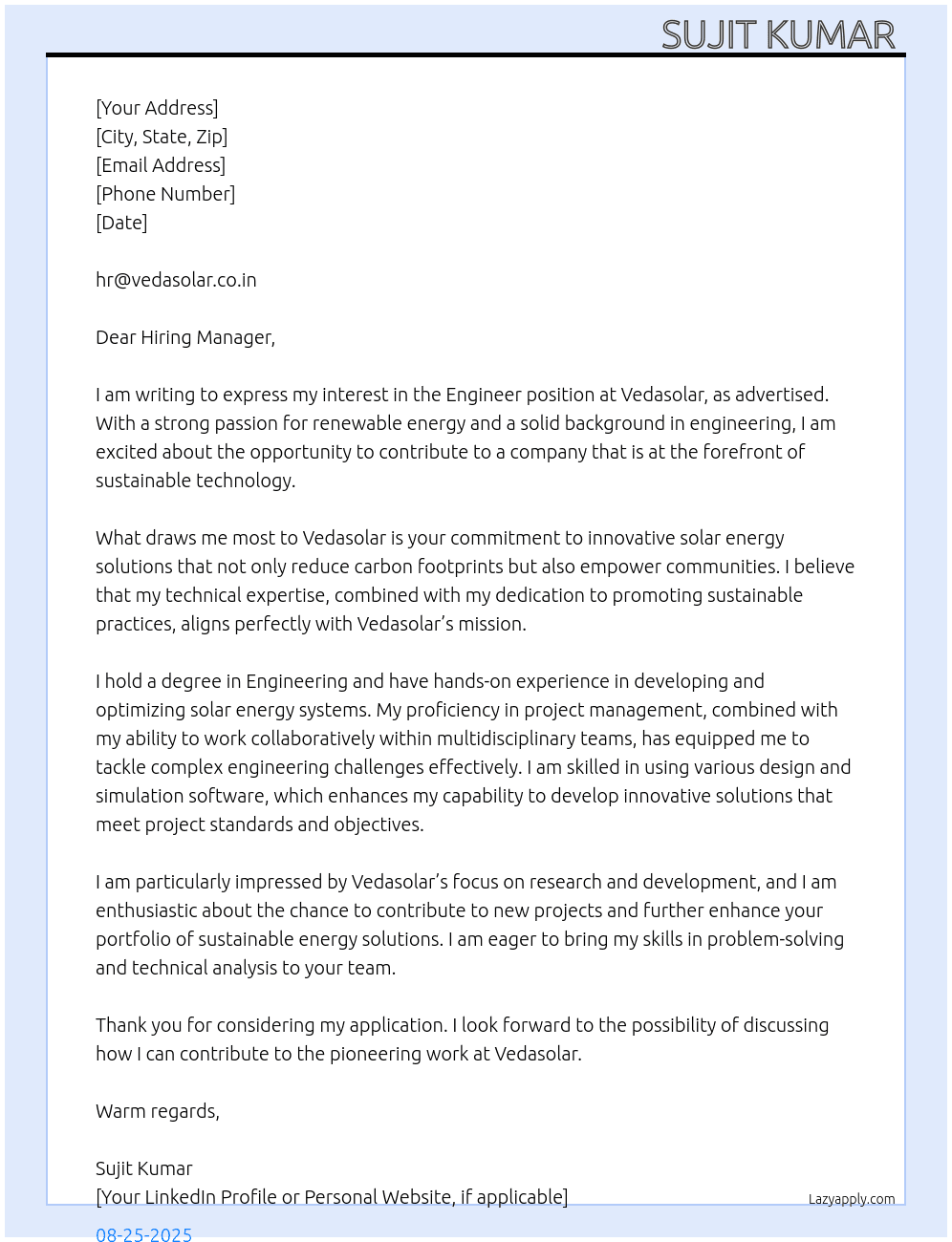 Engineer  At Vedasolar  Cover Letter
